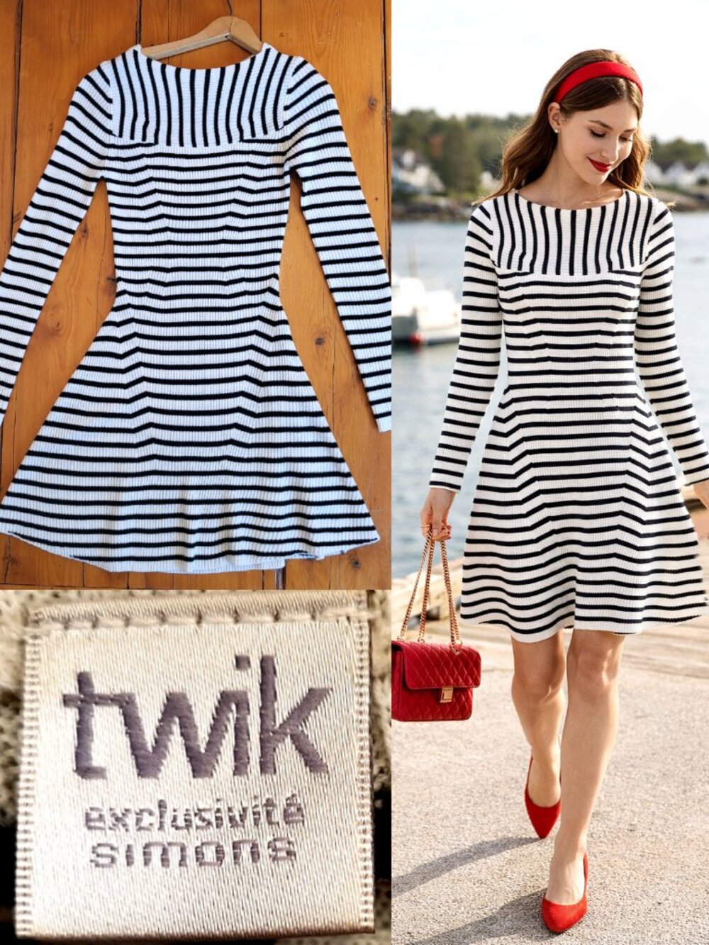 Twik Simons White Black Long Sleeves Striped Knit Dress P/S Fit & Flare
